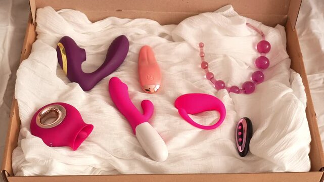 Woman in black transparent glove opens box with pink and purple vibrators and anal beads. BDSM erotic set. Adult toys. Vibrator, vacuum vibrator, dildo, anal beads