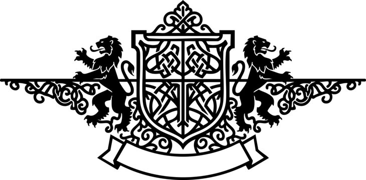 Elegant heraldic crest with lions and ornate shield evokes power, heritage, and noble prestige for branding and design