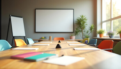 Conference Room Setup: The interior shot showcases a well-appointed conference room, set for a productive meeting or presentation. The room is brightly lit, inviting.