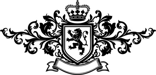 Majestic royal crest design featuring a noble lion and ornate scrollwork, perfect for elegant branding and premium product packaging.