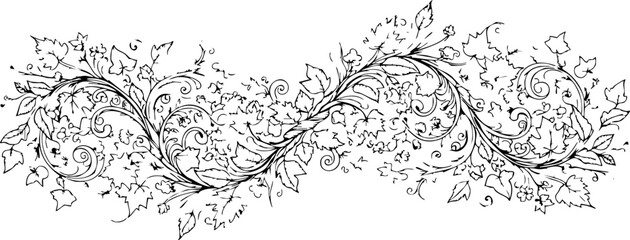 Elegant vine flourish with swirling leaves and delicate floral accents creating a decorative border for sophisticated design projects