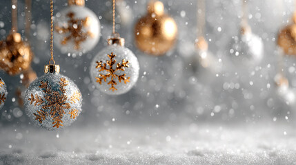 Christmas background with snowflakes and hanging bauble ornaments, shiny white and silver glittery design, with snow falling and copy space