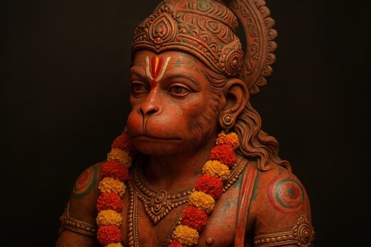 Terracotta Hanuman bust with thoughtful gaze, saffron tilak and layered marigold garlands; powerful yet compassionate presence.