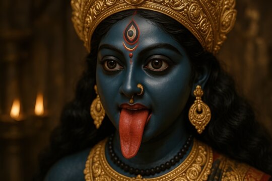 Blue-painted terracotta Kali with crown, earrings and outstretched tongue