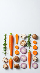 Fresh Carrots Mushrooms Onion Slices Rosemary Vegetables Flat Lay Natural Colors Healthy Food