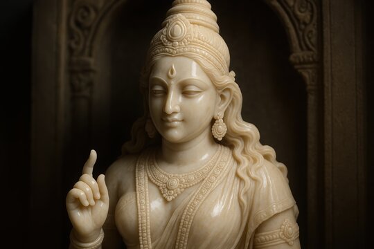 Marble Parvati with crown and instructive tarjani mudra, gentle temple portrait