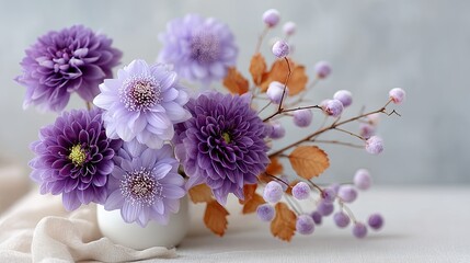 Detailed Close up of Purple Chrysanthemum Blossoms in Full Bloom with Delicate Berries and Dried Leaves in Soft Light on a White Surface