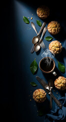 Coffee and Cauliflower Bites on Dark Blue Table with Green Leaves and Silverware