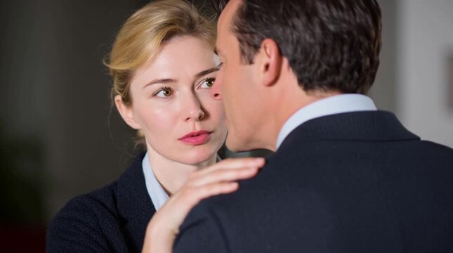 Polyamorous relationship at work. Colleagues in formal attire experience amour of three