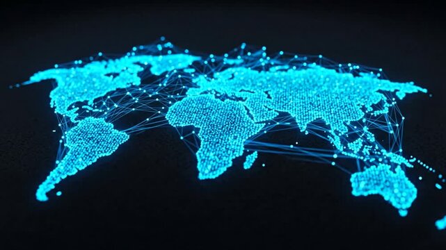 Global network connects glowing dots and lines, a vibrant digital world map unfolds