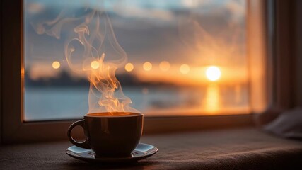 Steaming cup of coffee on a windowsill during golden sunrise, symbolizing warmth, relaxation, and peaceful morning atmosphere - Powered by Adobe