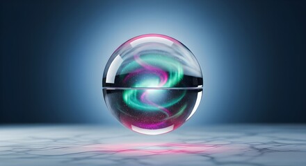 Luxury Glass Sphere Gift with Aurora Glow and Glitter Dust on Icy Marble, Modern Abstract Christmas Decoration, Minimalist Dark Blue Background