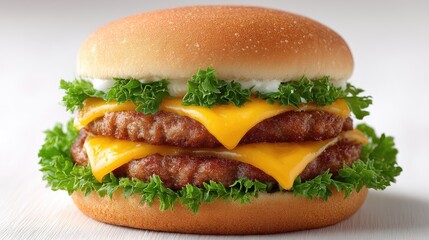 Double Cheeseburger With Fresh Green Lettuce And Toasted Sesame Seed Bun Against A White Background