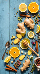 Fresh Ginger Lemon Orange Slices with Honey Cinnamon on Blue Wooden Surface