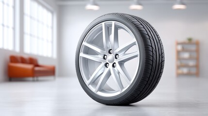 Detailed Close Up Of A Polished Silver Alloy Car Wheel With Black Tire In A Bright Modern Showroom With Soft Natural Light And Orange Sofa In Background