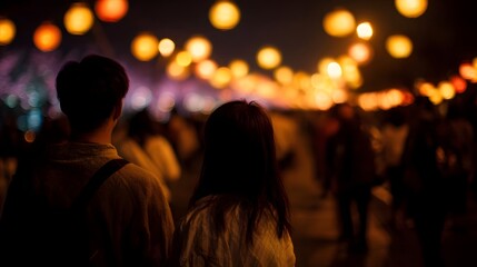 Obraz premium People walking at a vibrant night festival illuminated by many glowing lanterns
