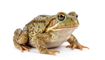 Obraz premium Green toad sitting on white background with detailed texture 