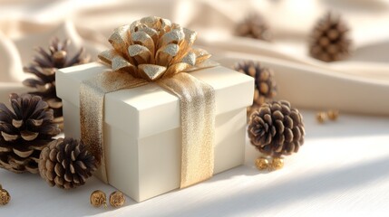 Elegant gift box adorned with a golden pinecone and festive decorations, set against a soft, neutral backdrop.