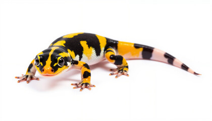 Fototapeta premium Colorful black and yellow striped gecko crawling on white surface 