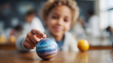Fototapeta premium A young child reaches out to touch a colorful planet model during a science lesson
