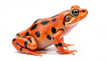Orange spotted frog sitting on white background showcasing amphibians  