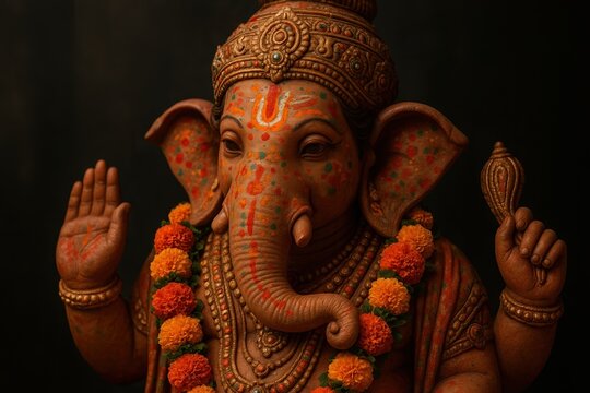 Terracotta Ganesha frontal with vermilion dots and ear motifs; trunk curling left, upper hands lifted, dense orange-yellow garland and jeweled crown.