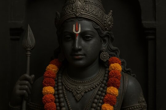 Black basalt Shiva holding trident behind the shoulder, tripundra with red bindu on the forehead and vivid marigold garland across the chest.