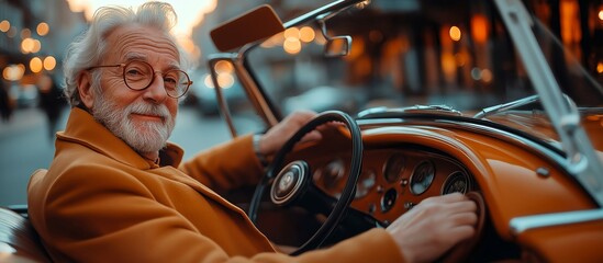 An elderly man in a retro car. Illustration on the theme of lifestyle, age, and city.