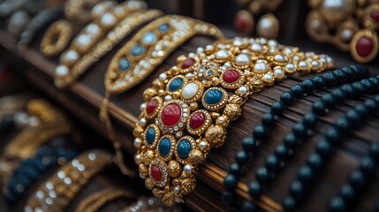 Bracelets with precious stones and gold braiding. Illustration on the theme of jewelry and wealth.