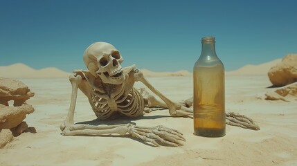 A human skeleton near an empty bottle in a hot desert. An illustration on the theme of cinema and fear, humanity and death.