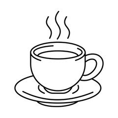 A simple line drawing depicts a steaming cup of hot beverage