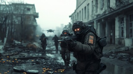 A squad of armed soldiers marching along a destroyed street. An illustration on the theme of the apocalypse and war.