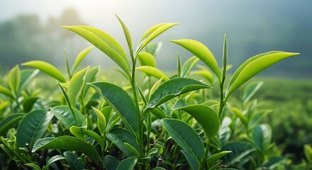 Obraz premium Bright Close-up Fresh Green Tea Leaf Plantation in The Morning Light