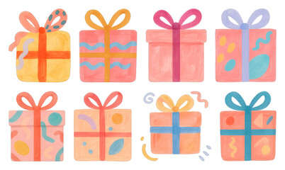 PNG Colorful hand-drawn gift boxes illustration, element set on transparent background