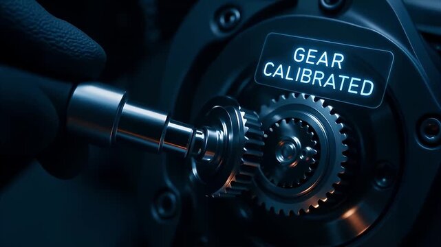 High precision gear calibration tool aligning metal gear tooth and shaft with torque adjustment dim workshop lighting and close up calibration mechanism with glowing status display conveying