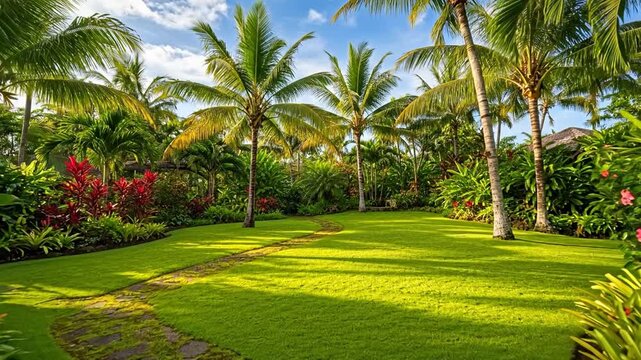 Vibrant tropical garden paradise with lush green lawn and swaying palm trees