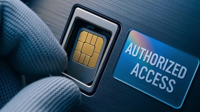 Authorized access security smartphone sim card chip contact inserted into slot by gloved hand for secure authentication and protection controlled entry access badge panel secure protection