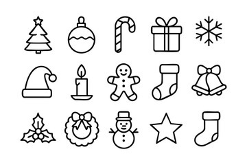 Christmas Line Icons Set Vector - Holiday, Xmas, Gift, Decoration, and Winter Symbols Collection