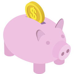Pink Piggy Bank With Gold Coin Dropped In Slot Isometric Illustration With Transparent Background