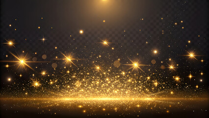 Golden glittering particles and light streaks on a dark background