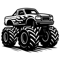 Stylized black and white vector of a monster truck with flame decals and exaggerated proportions