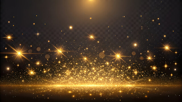 Golden glittering particles and light streaks on a dark background