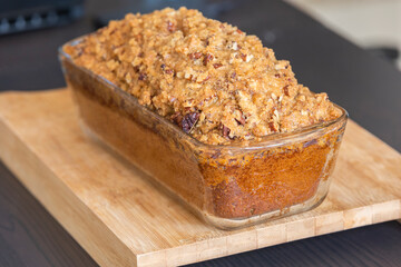 delicious pumpkin bread on dark background close up