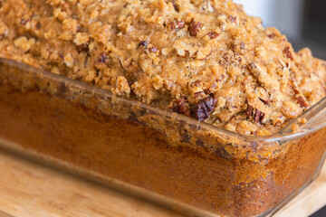 delicious pumpkin bread on dark background close up