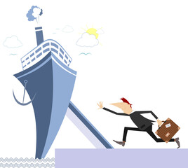Port. Ship. Running man.
Scurrying man with suitcase trying does not miss a departure of the ship
