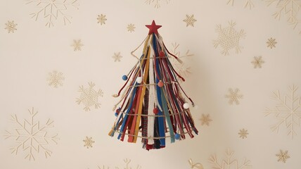 Cozy, handmade Christmas tree, vibrant fabric strips, red star, festive holiday decoration, rustic winter aesthetics, snowflake wall background, happy new year vibes, cheerful craft, unique decor.