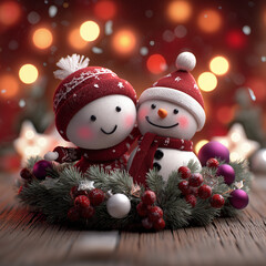 Fototapeta premium Zwei Schneemänner mit Weihnachtsdekoration und warmem Bokeh-Hintergrund