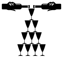 Champagne Pours Stacked Glasses.
Champagne pours pyramid of glasses. Black and white illustration
