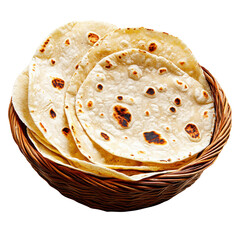 Stack Of Freshly Baked Flatbreads With Browned Spots Piled In A Woven Wicker Basket isolated on transparent background. PNG die-cut for advertising