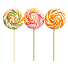 Three swirled lollipops with colorful stripes of green yellow orange pink and white on wooden sticks isolated on transparent background. PNG die-cut for advertising